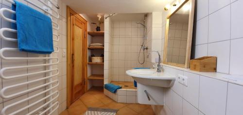 y baño con lavabo y espejo. en Haus Westsee EG mit Garten, en Wenningstedt