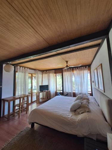 a bedroom with a large bed with a wooden ceiling at Coco Ne in Máncora