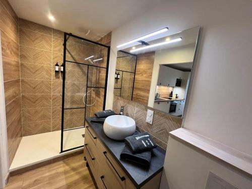 une salle de bain avec un lavabo et une douche dans l'établissement Le Phare de la Coubre, à Saint-Martin-de-Ré