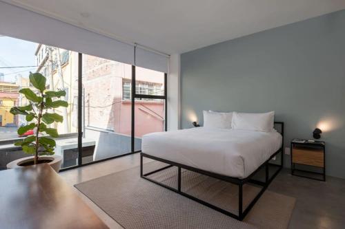 a bedroom with a white bed and a large window at Homey 2BR in Roma Norte in Mexico City