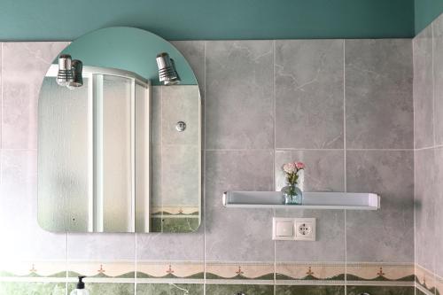 baño con espejo y lavabo en Apartamentos Aires De Avin - Onis, en Avín
