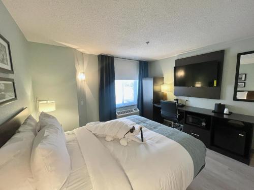 a hotel room with a bed with a teddy bear on it at Wingate by Wyndham Salisbury in Salisbury