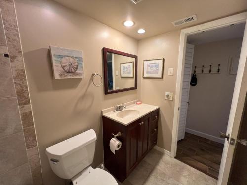 a bathroom with a toilet and a sink and a mirror at Bayshore Yatch Tennis Condo 2br 3 beds, Walking Distance to Beautiful Quite Beach in Clearwater Beach
