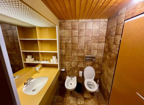 a bathroom with a sink and a toilet at Maso Corto Alpine Adventure in Maso Corto