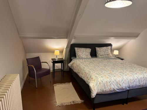 a bedroom with a bed and a chair and a lamp at Vakantiehuis Bourgondie in Saint-Honoré-les-Bains