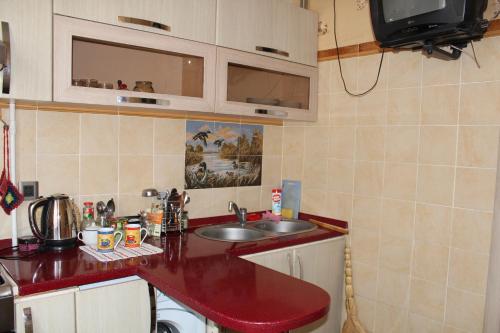 uma cozinha com um lavatório e uma bancada vermelha em Квартира в Баку в тихом дворе em Baku
