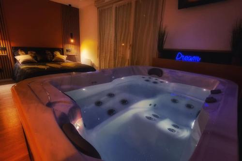 a bath tub in a room with a bed at Studio moderne St Germain les Corbeil - jacuzzi privatif in Saint-Germain-lès-Corbeil
