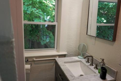 a bathroom with a sink and a mirror and a window at Majestic Lakeview Duplex Apt for 8! Fully furnished and ready for your getaway! in Tilton