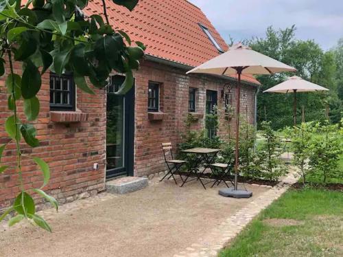 a patio with a table and an umbrella at Idyllisches Landhaus, Garten & Kaminofen, perfekt für Paare in Häven