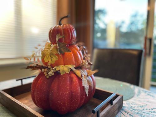 a pile of pumpkins sitting on top of a table at Gatlinburg Summit Getaway for 2 With Amazing View! in Gatlinburg