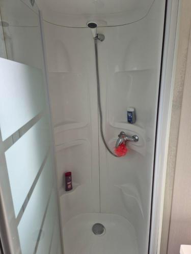 W łazience znajduje się prysznic ze szklanymi drzwiami. w obiekcie Paisible camping les 7 fonds w mieście Agde