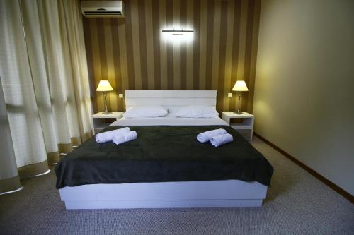 a bedroom with a large bed with two pillows at Sani Hotel in Tbilisi City