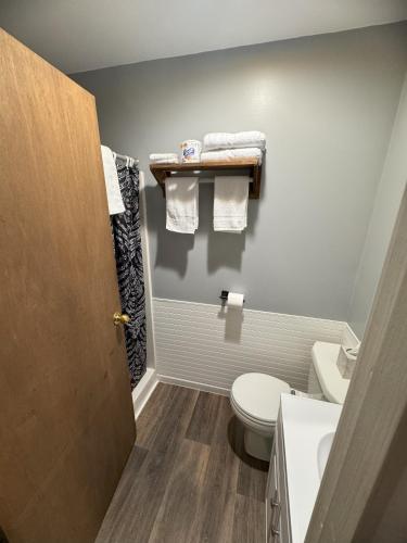 a bathroom with a toilet and a sink at Lake Ontario Motel & Inn in Newfane