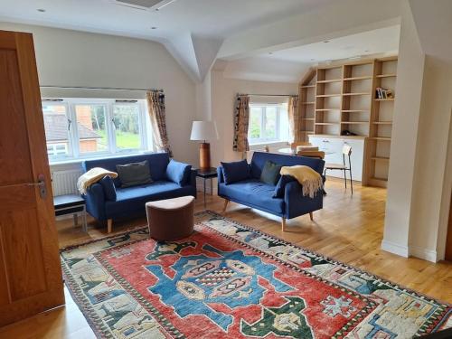 a living room with two blue couches and a rug at Rural Retreat near Dorking in Dorking