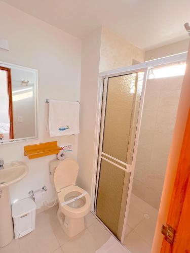 a bathroom with a shower and a toilet and a sink at Hotel Grand Caribe in San Andrés
