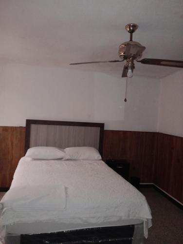 a bedroom with a bed with a ceiling fan at Mundo Hostal in Guatemala