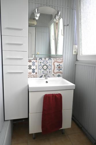 une salle de bain avec un lavabo blanc et un miroir dans l'établissement Chez Maïse - CR CONCIERGERIE, à Dunkerque