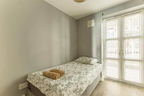 um quarto com uma cama e uma grande janela em Modern Elegant Central Apt with Parking em Dublin