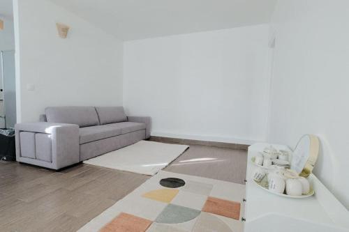 ein Wohnzimmer mit einem Sofa und einem Teppich in der Unterkunft Le Pinky Bird - Maisons Alfort in Maisons-Alfort