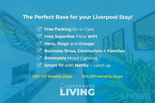 a flyer for the perfect base for your liverpool stay at Liverpool House - Stunning Townhouse with FREE Parking for 4 cars - Close To Centre in Liverpool