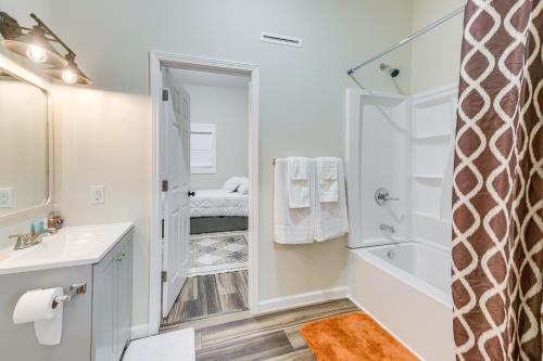 a bathroom with a shower and a sink at Abbeville Cabin on 450 Acres Near Lake Eufaula! in Abbeville
