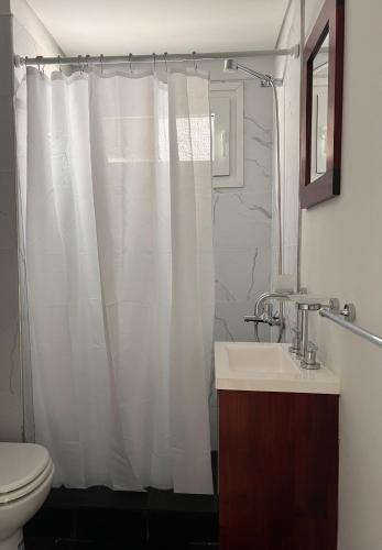 a bathroom with a white shower curtain and a sink at Depto cálido y moderno in San Nicolás de los Arroyos