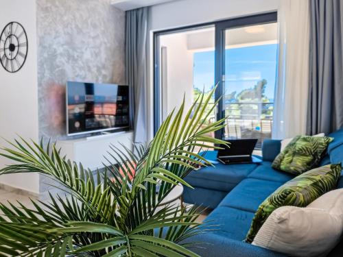 a blue couch in a living room with a plant at SunnySide luxury suites with free parking and swimming pool in Brela