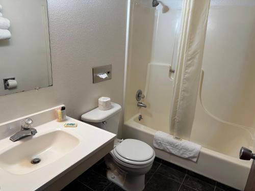 La salle de bains est pourvue d'un lavabo, de toilettes et d'une douche. dans l'établissement AINSWORTHINN, à Ainsworth