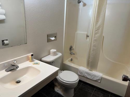 a bathroom with a sink and a toilet and a shower at AINSWORTHINN in Ainsworth