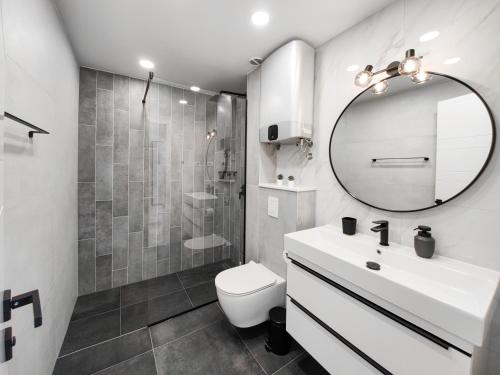 a bathroom with a toilet and a sink and a mirror at SunnySide luxury suites with free parking and swimming pool in Brela