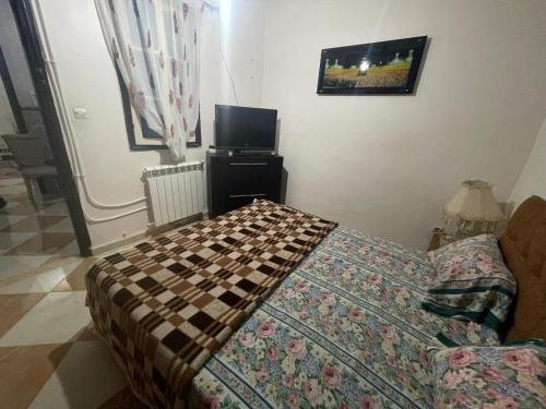 um quarto com uma cama e uma televisão de ecrã plano em Maison tranquille em Boumerdès