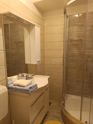 a bathroom with a sink and a shower at Apartments FANI KANUN in Bol
