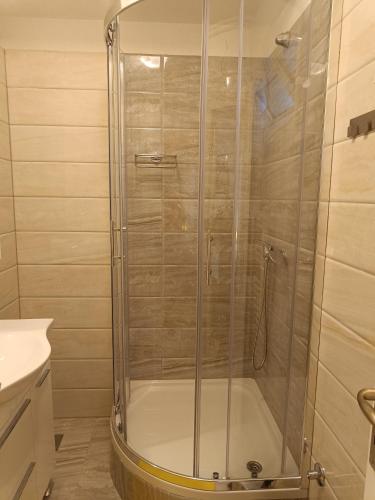 a shower with a glass door in a bathroom at Apartments FANI KANUN in Bol