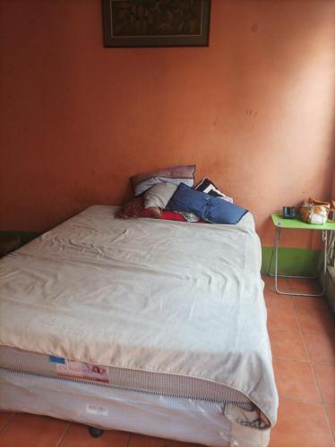 マナグアにあるHospedaje Marlenisのテーブル付きの客室の小さなベッド1台分です。