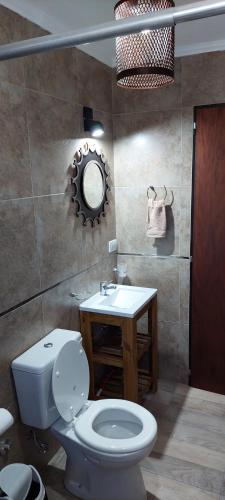 ein Badezimmer mit einem WC, einem Waschbecken und einem Spiegel in der Unterkunft Abuela Greta in Sierra de la Ventana