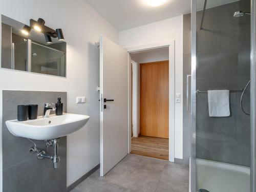 a bathroom with a sink and a shower at NRV Top 5 in Möderbrugg