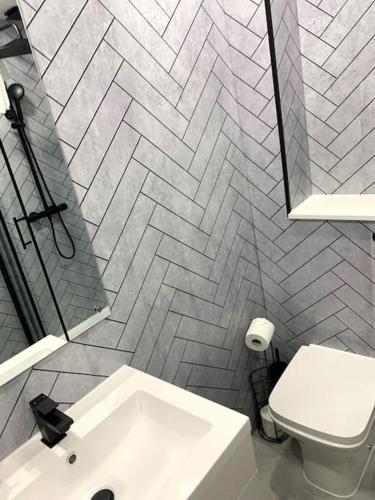 a bathroom with a white sink and a toilet at Grassmarket Apartment in Edinburgh