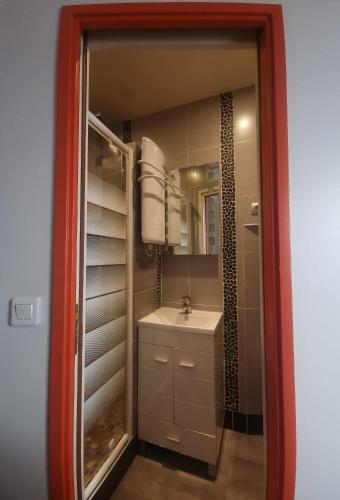 une petite salle de bain avec un lavabo et un miroir dans l'établissement Appartement élégant calme 10 min de Paris centre, à Clichy