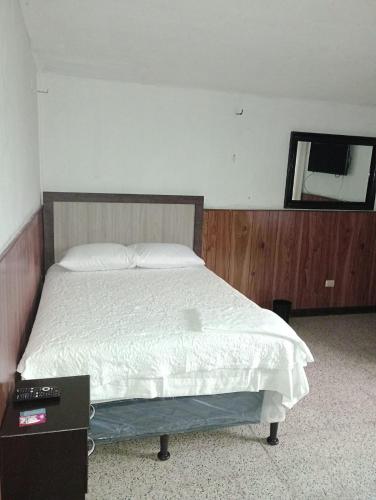 1 dormitorio con cama y espejo en la pared en MUNDO HOSTAL, en Guatemala
