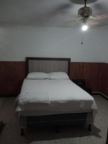 1 dormitorio con 1 cama y ventilador de techo en MUNDO HOSTAL, en Guatemala