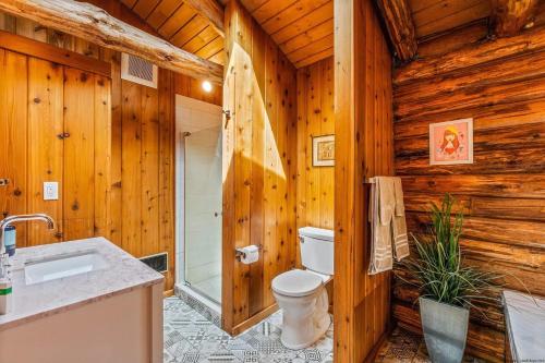 uma casa de banho em madeira com um WC e um lavatório em Woodchuck Sanctuary em Roxbury