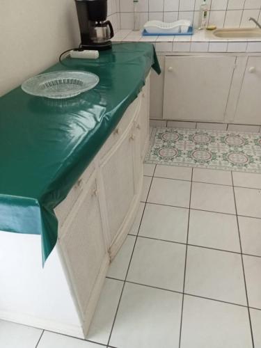 une cuisine avec un comptoir avec un comptoir vert dans l'établissement Barbin's Seaview House, au Gosier