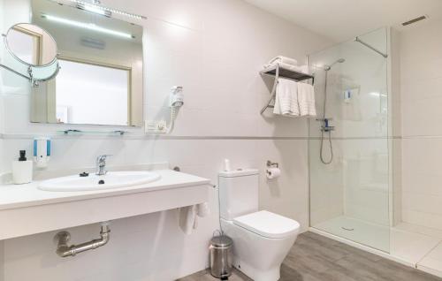 La salle de bains est pourvue d'un lavabo, de toilettes et d'une douche. dans l'établissement Gorgeous Apartment In Fuente De Piedra With Wifi, à Fuente de Piedra