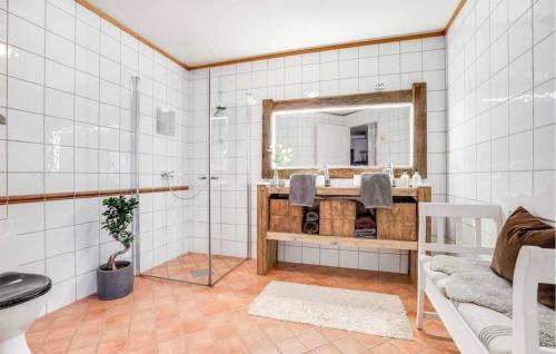 a bathroom with a shower and a sink and a mirror at Cozy Home In Heggedal With House A Panoramic View in Asker