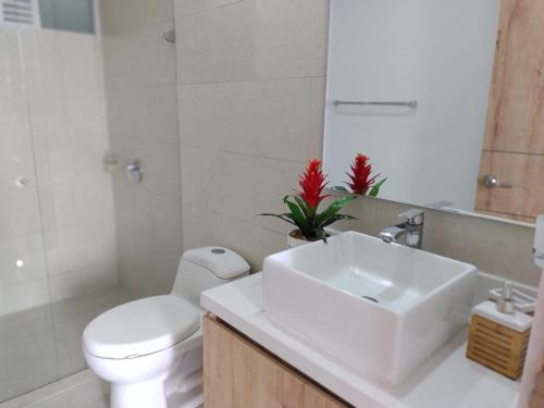 a bathroom with a sink and a toilet and a mirror at HABITACION NOVA CONDOMINIO PLUS CALI in Cali