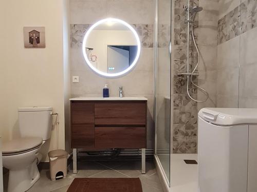 une salle de bain avec un lavabo et une douche avec un miroir dans l'établissement Fort-Mahon : Superbe T2 à 2 pas de la plage avec parking privé - FR-1-482-15, à Fort-Mahon-Plage