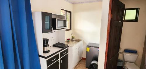 a small kitchen with a sink and a microwave at Pura Vida Macaw Paradise in Jacó