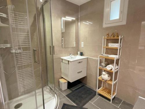 La salle de bains est pourvue d'une douche, d'un lavabo et d'un miroir. dans l'établissement Gîte Pocé-sur-Cisse, 2 pièces, 2 personnes - FR-1-381-573, à Pocé-sur-Cisse