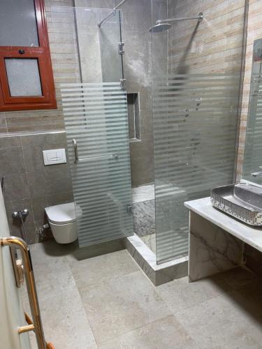 y baño con ducha de cristal y aseo. en Apartment in Luxor Resort, next to Raya Market en Nag` Naqsha