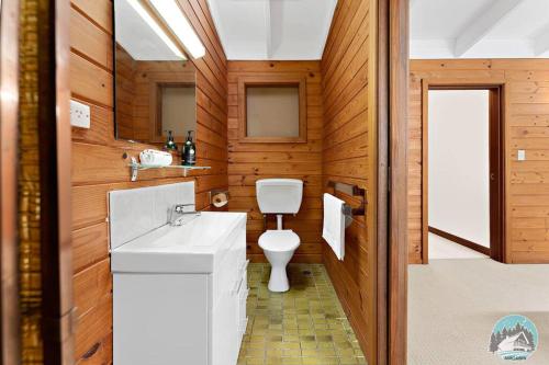 een badkamer met een witte wastafel en een toilet bij Aircabin - KANGY ANGY - Rural Retreat - 8 Beds House in Tuggerah